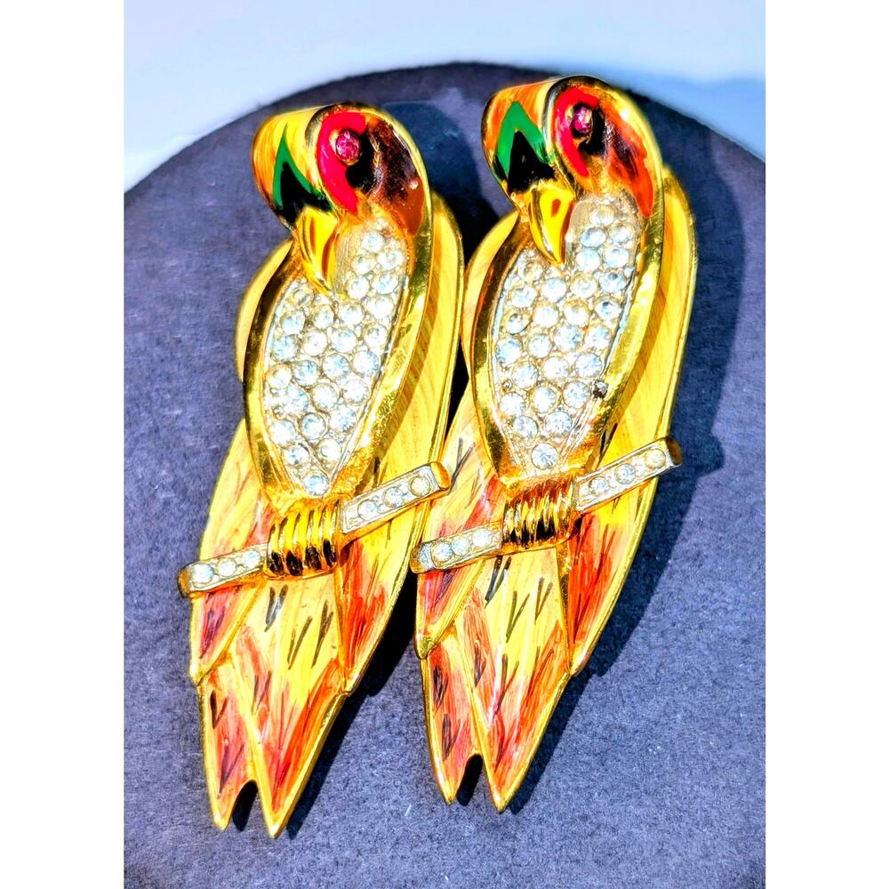 Corocraft Vtg Sterling Gold Pave Enamel Love Birds on Branch Duet Pins/Fur Clip